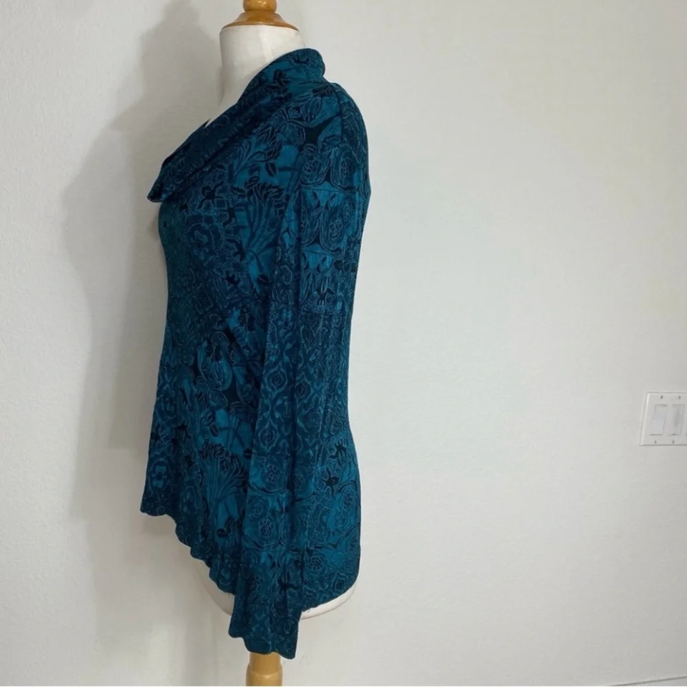 Coldwater Creek Jewel Teal Jacquard Textured Cowl Neck Stretch Top Size Medium